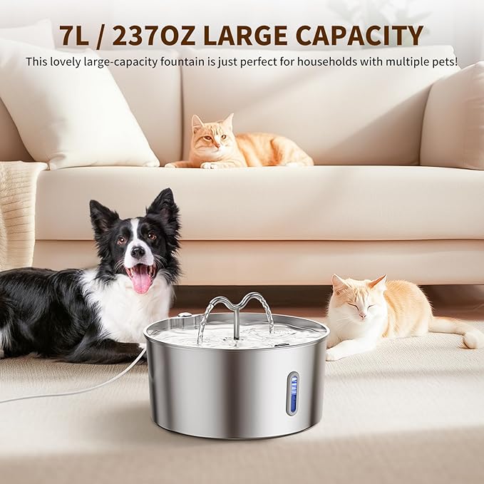 7L/1.85Gal/237oz Stainless Steel Cat Water Fountain, Automatic Pet Fountain Large Dog Water Dispenser with Filters & Dual Function Drinking for Multiple Pets Indoor