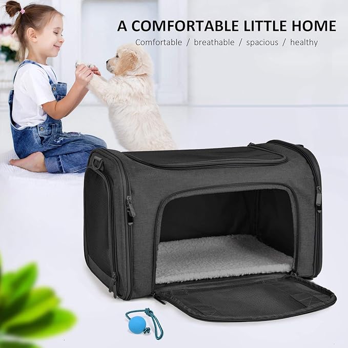 Large Soft Sided Cat and Pet Carrier for Cats and Puppies up to 25Lbs - Collapsible, Waterproof Travel Carrier - Black
