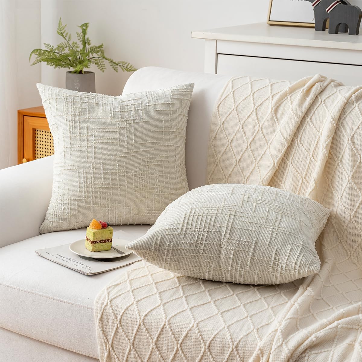 Decorative Throw Pillow Covers 20x20 Inch Set of 2, Soft Solid Farmhouse Chenille Couch Pillows, Spring Pillow Covers for Couch Sofa Bed Living Room Home Decor Pillowcase, Cream White