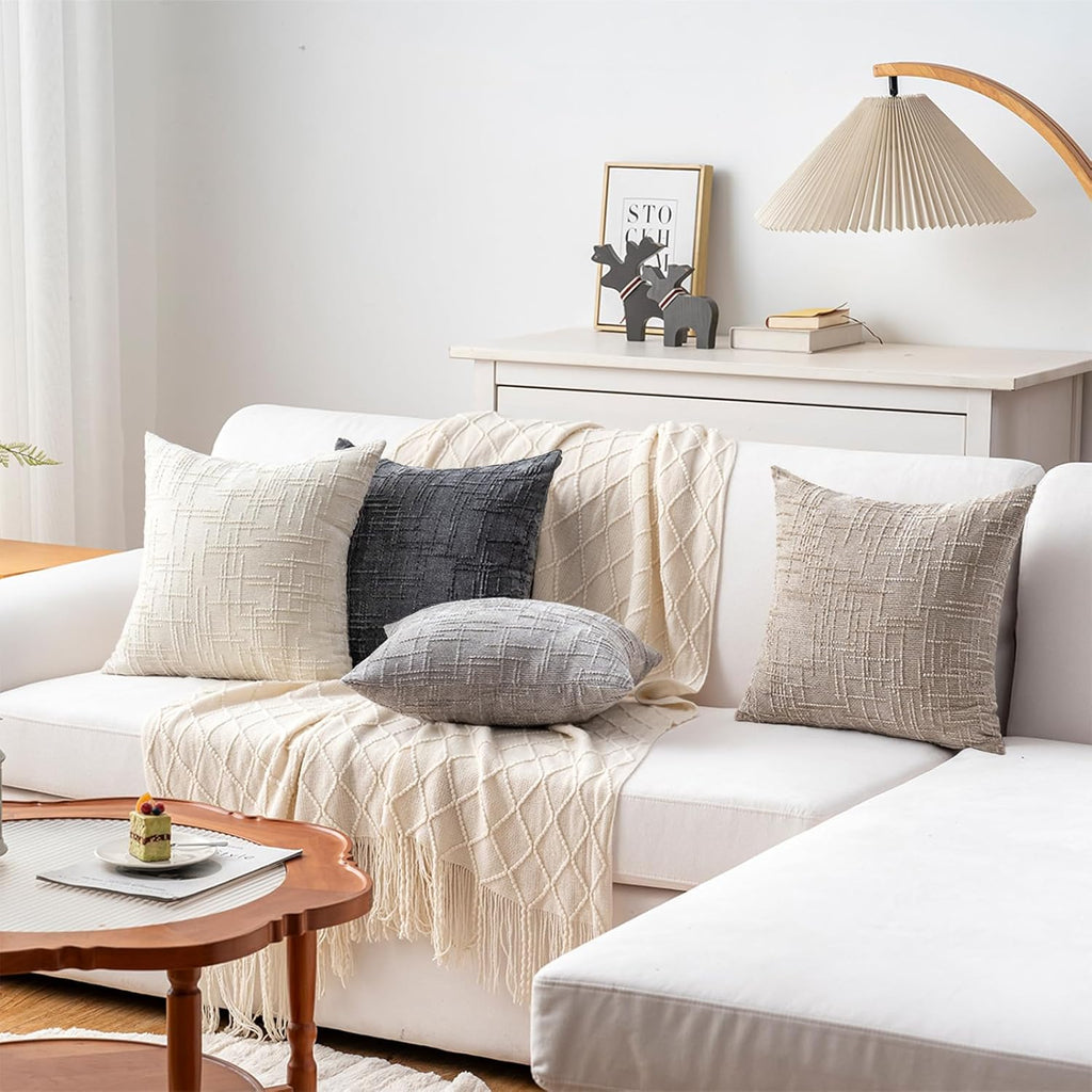 Decorative Throw Pillow Covers 18x18 Inch Set of 4, Soft Solid Farmhouse Chenille Couch Pillows, Spring Pillow Covers for Couch Sofa Bed Living Room Home Decor Pillowcase, Light Colors