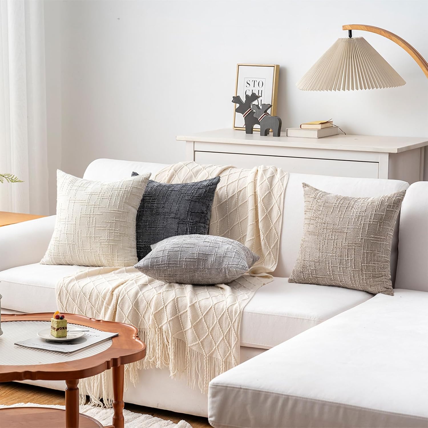 Decorative Throw Pillow Covers 18x18 Inch Set of 4, Soft Solid Farmhouse Chenille Couch Pillows, Spring Pillow Covers for Couch Sofa Bed Living Room Home Decor Pillowcase, Light Colors