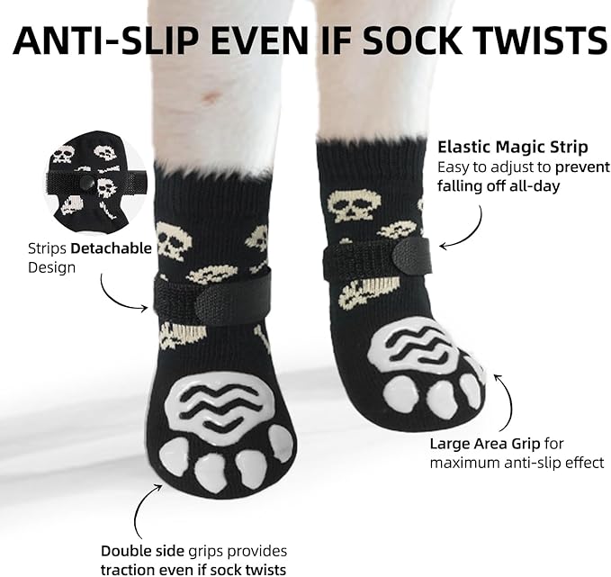 PUPTECK Anti Slip Dog Socks 2 Pairs with Double Grippers for Hardwood Floors, Shoes for Hot/Cold Pavement, Boots & Paws Protectors to Prevent Licking, Traction Booties for Senior Small Large Dogs