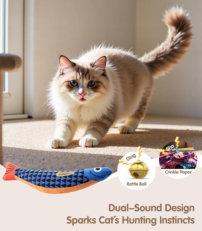 Interactive Cat Toys with [5000mg A+ Organic Catnip] [Baby Grade] Soft Chew Kicker Cat Toys for Indoor Cats & Kittens,Crinkle &Rattle Fish Sound Toy,Drives Bored Cats Crazy with Fun,2 Pack