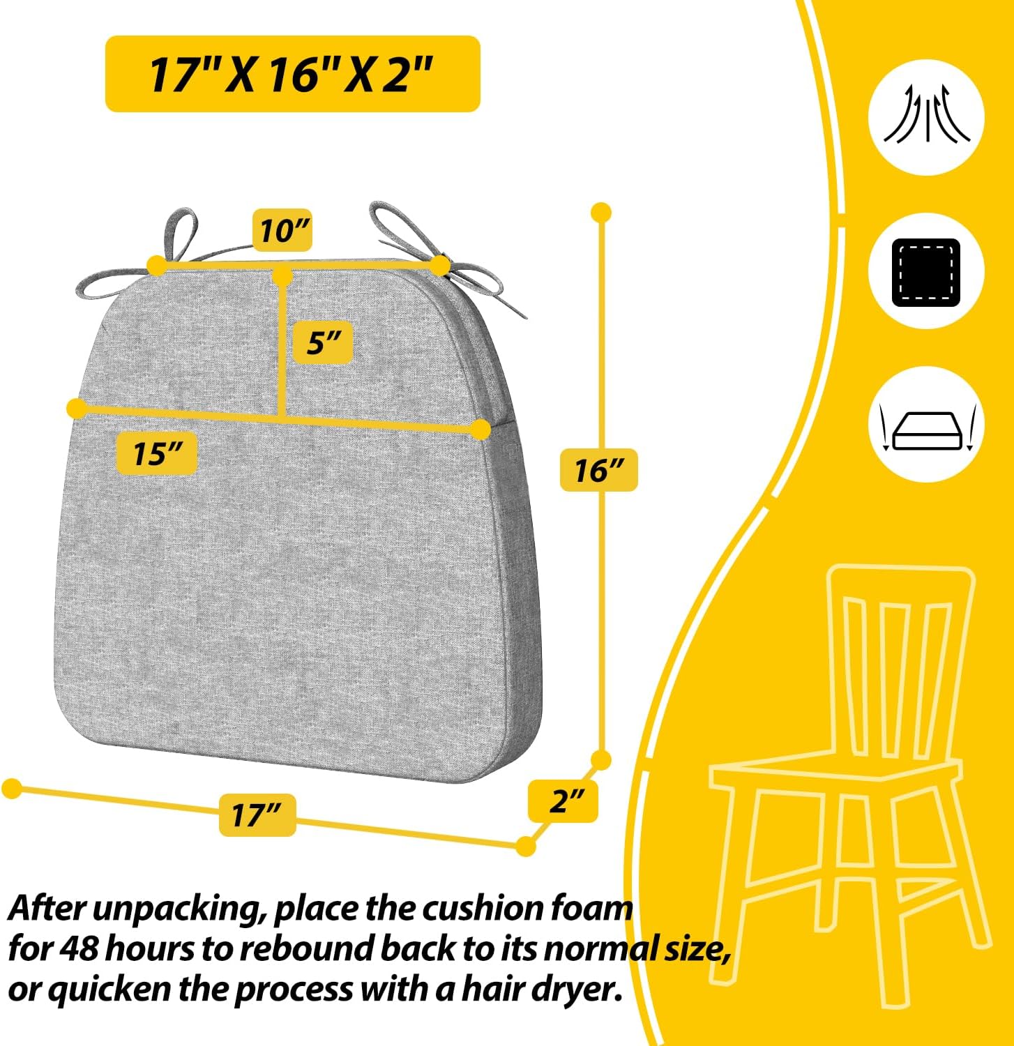 AAAAAcessories D-Shaped Chair Cushions, 2" Thick Dining Chair Pads with Ties and Removable, Machine-Washable Cover, 17" x 16", Set of 4, Light Gray