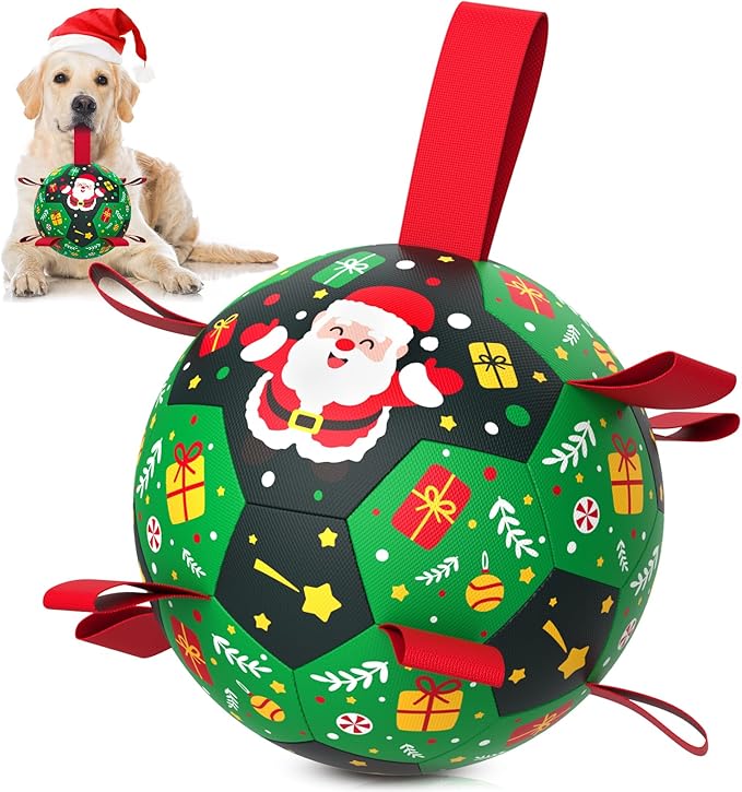 QDAN Christmas Dog Toys: Soccer Ball with Straps for Outdoor Play, Tug of War- Dog Birthday Gift, 8 Inch Balls for Medium & Large Dogs