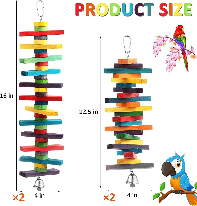 4 Pcs Bird Parrot Toys with Multicolored Natural Wood Blocks, Bird Chew Toys for Large Medium Parrots Macaws Lovebirds Doves Cockatiels Conures Parakeets Chewing Biting Foraging, 2 Designs