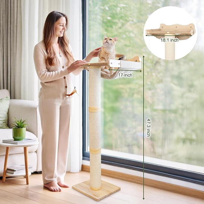 Upgraded Cat Window Perch with Scratching Post, 47.3" Adjustable Cat Tall Scratching Posts & Suction Cup – Multi-Level Perch for Climbing, Bird Watching, and Play, Supports 50 lbs (Drilling-Free)