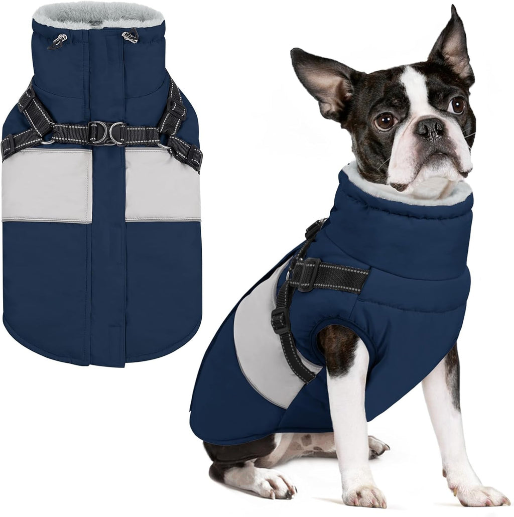 SUNFURA Dog Winter Coat, Waterproof Dog Coat Jacket with Harness for Medium Dogs Boys Girls, Reflective Fleece Lined Pet Snow Jacket Sweaters for Pug, Jack Russel, Boston Terrier, Navy Blue M