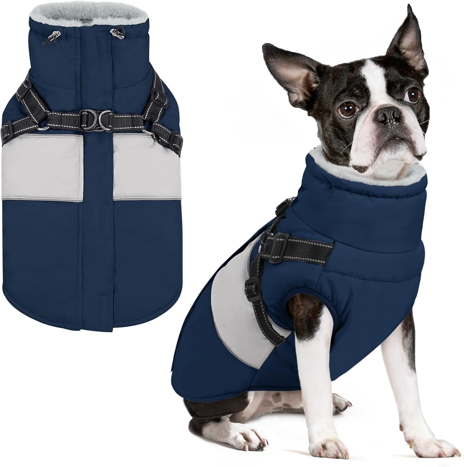 SUNFURA Dog Winter Coat, Waterproof Dog Coat Jacket with Harness for Medium Dogs Boys Girls, Reflective Fleece Lined Pet Snow Jacket Sweaters for Pug, Jack Russel, Boston Terrier, Navy Blue M