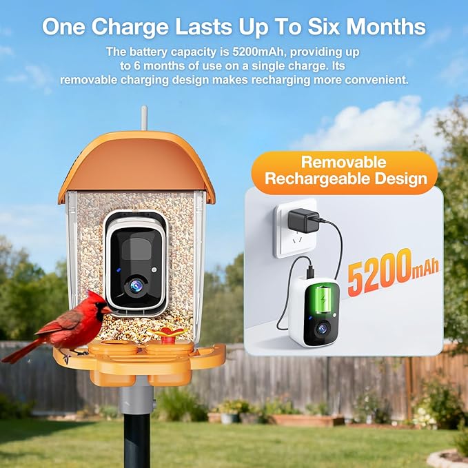 Smart Bird Feeder With 3MP HD Camera & AI Identify, Hummingbird Feeder With Solar Panel, Supports Two-Way Audio, Instant Arrival Alerts, Birdhouses For Outdoors, Gifts For Bird Lovers, Orange