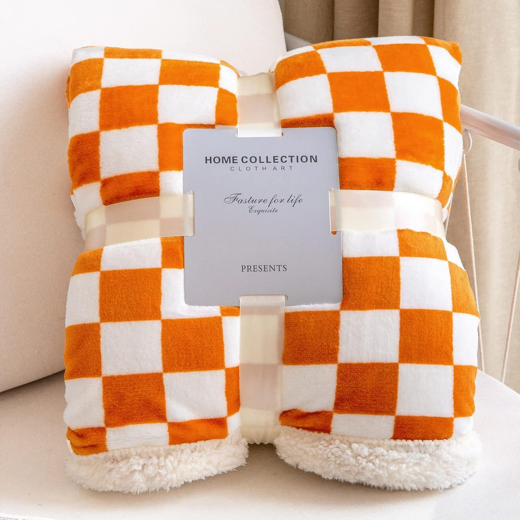 LOMAO Sherpa Throw Blanket Fleece Blanket with Checkered Pattern Soft Thick Blanket for Couch, Bed, Sofa Luxurious Warm and Cozy for All Seasons (Orange, 51"x63")