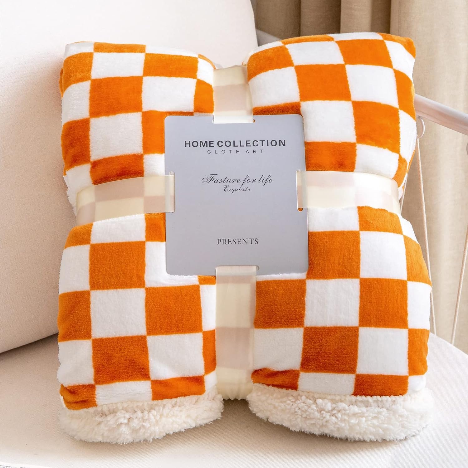 LOMAO Sherpa Throw Blanket Fleece Blanket with Checkered Pattern Soft Thick Blanket for Couch, Bed, Sofa Luxurious Warm and Cozy for All Seasons (Orange, 51"x63")