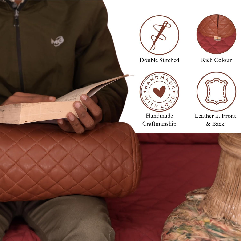 Neck Roll Pillow Cushion Cover, 22x7 Inch Full Moon Round Bolster Pillow Case, Cylinder Soft Lambskin Leather Pillowcase for Head, Spine & Neck Support During Sleep - Quilted Brown Pack of 1