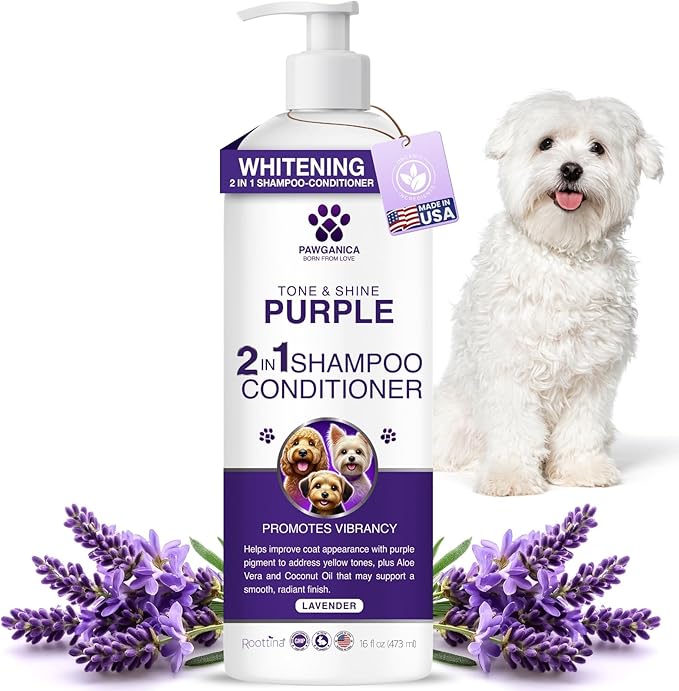 Pawganica 2-in-1 Purple Shampoo for Dogs, Supports Coat Whitening & Softness, pH-Balanced, Fur Whitening Dog Shampoo and Conditioner, Shampoo for Smelly Dogs 16 fl oz