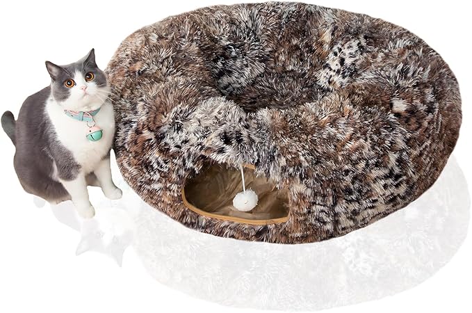 LUCKITTY Warm Fluffy Plush Cat Dog Tunnel Bed with Washable Cushion- Big Tube Playground Toys 3 FT Diameter Collapsible, for Indoor Cat Kitty Kitten Puppy Rabbit Ferret Leopard Print
