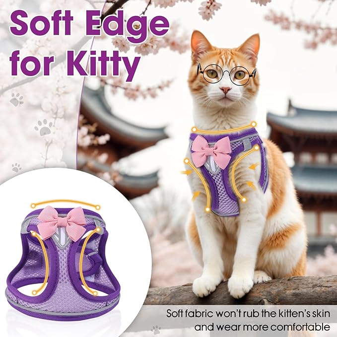 Cat Vest Harness and Leash Set for Walking Escape Proof, Adjustable Kitten Harness Breathable Mesh with Reflective Strips Harness for Kitty Puppy Bunny Purple,M
