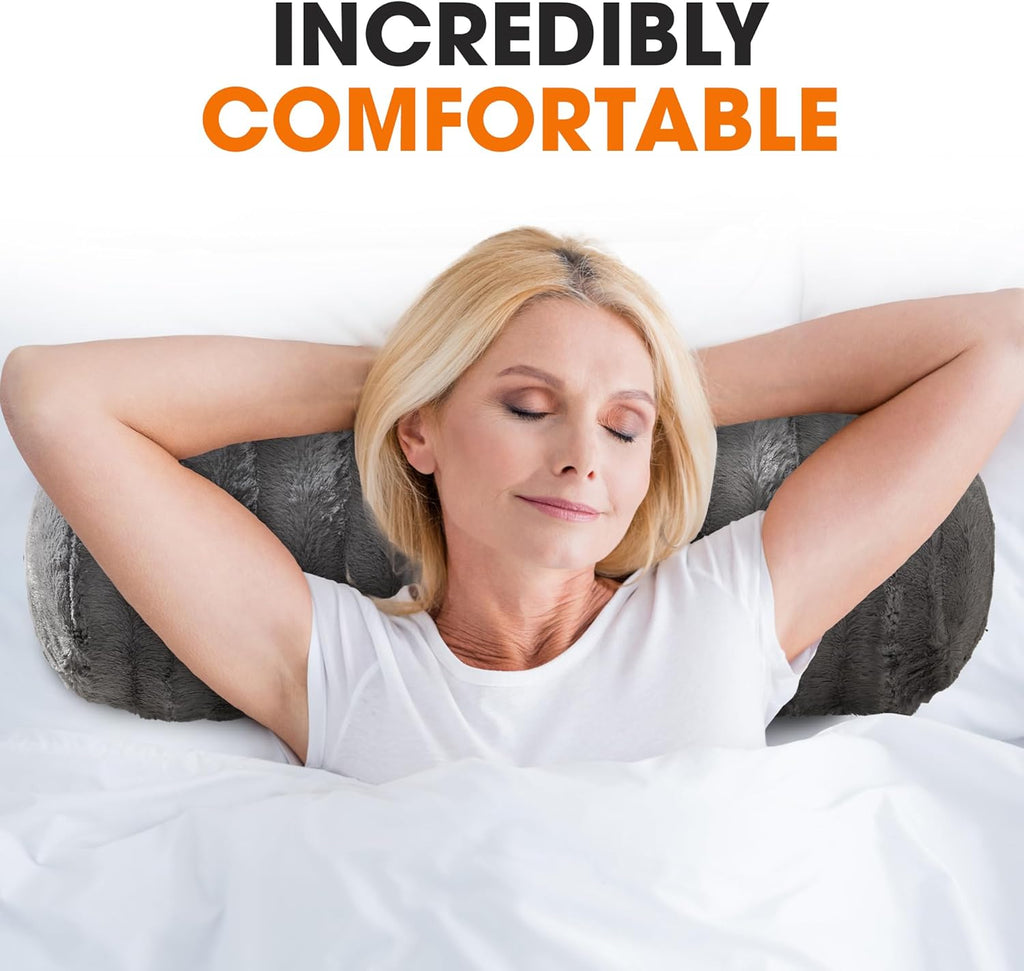 Cheer Collection Faux Fur Bolster Pillows – Soft Decorative Cylinder Pillows for Bed or Couch, Machine Washable – 8” x 24”, Set of 2, Gray