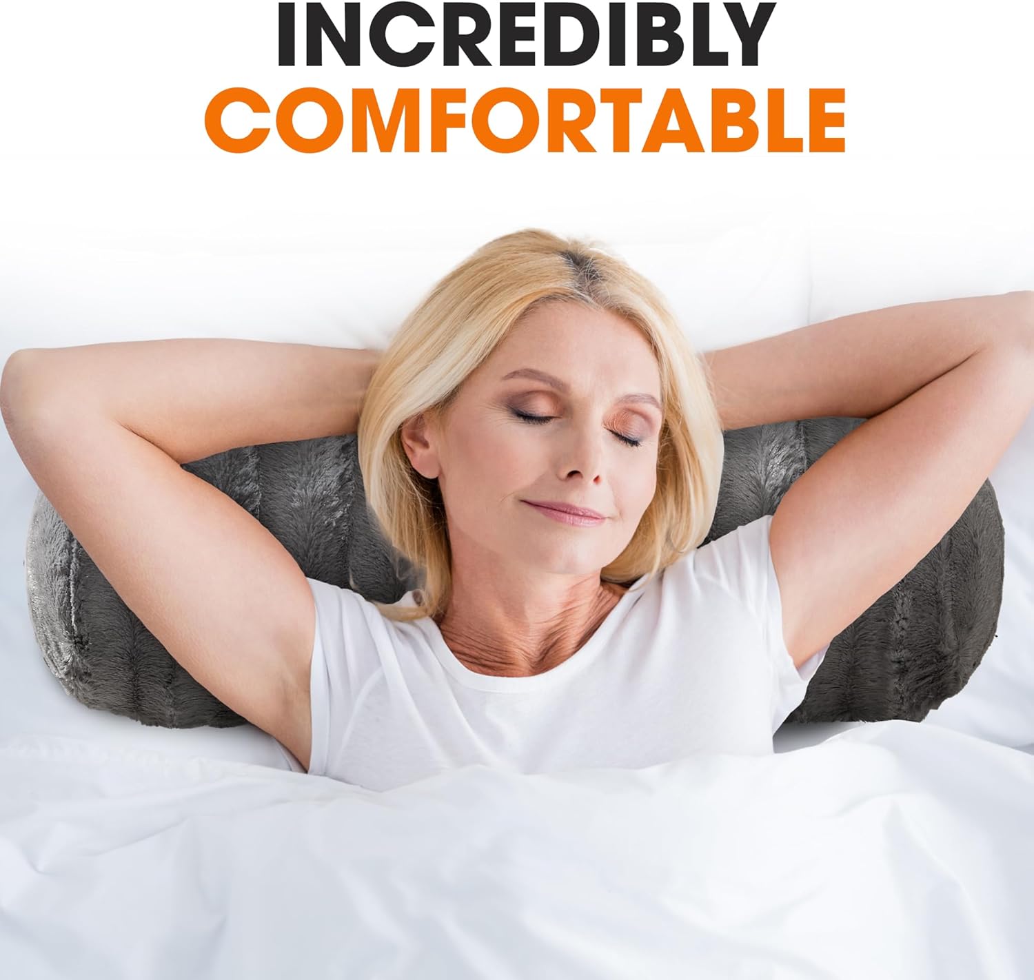 Cheer Collection Faux Fur Bolster Pillows – Soft Decorative Cylinder Pillows for Bed or Couch, Machine Washable – 8” x 24”, Set of 2, Gray