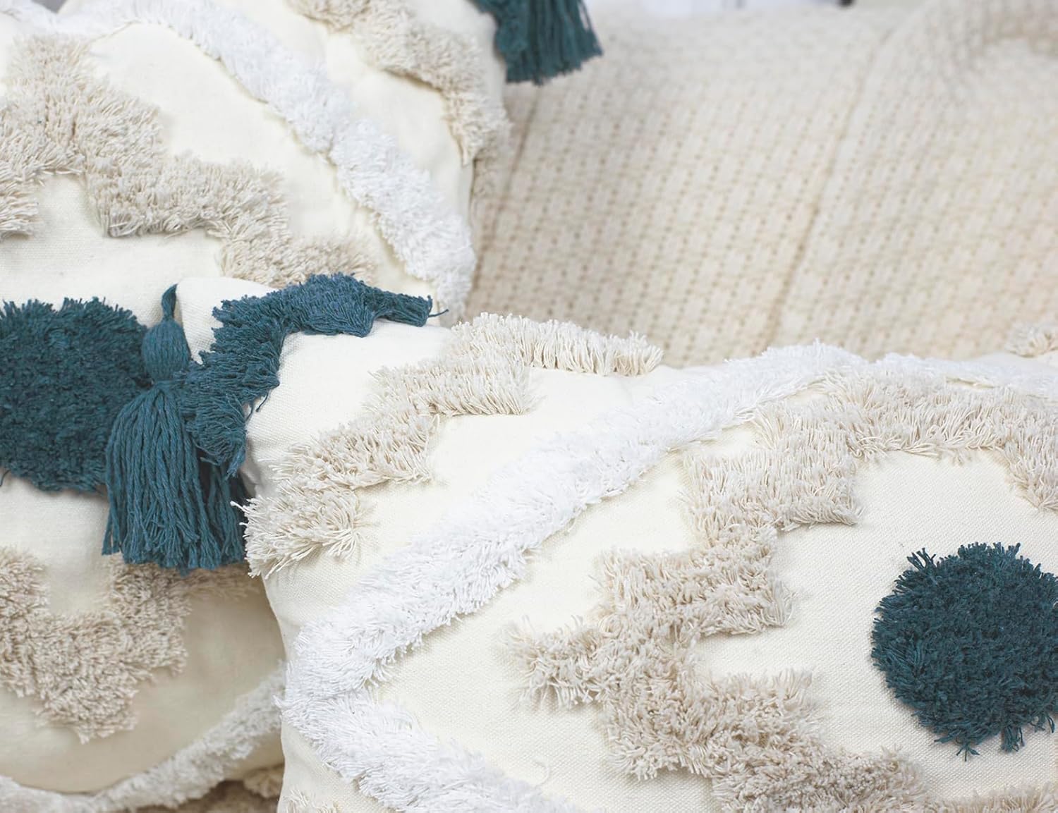 Decorative Farmhouse Throw Pillow Covers 18 x 18,Modern Neutral Couch Pillow Cover,Cotton Checked Pattern Boho Square Pillow Case Cover for Couch Bed Sofa Bedroom,Blue&Beige&White