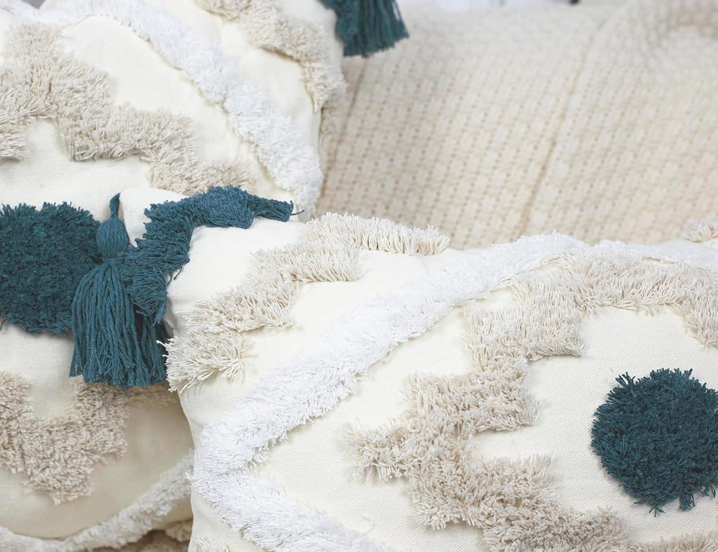 Decorative Farmhouse Throw Pillow Covers 16 x 16,Modern Neutral Couch Pillow Cover,Cotton Checked Pattern Boho Square Pillow Case Cover for Couch Bed Sofa Bedroom,Blue&Beige&White