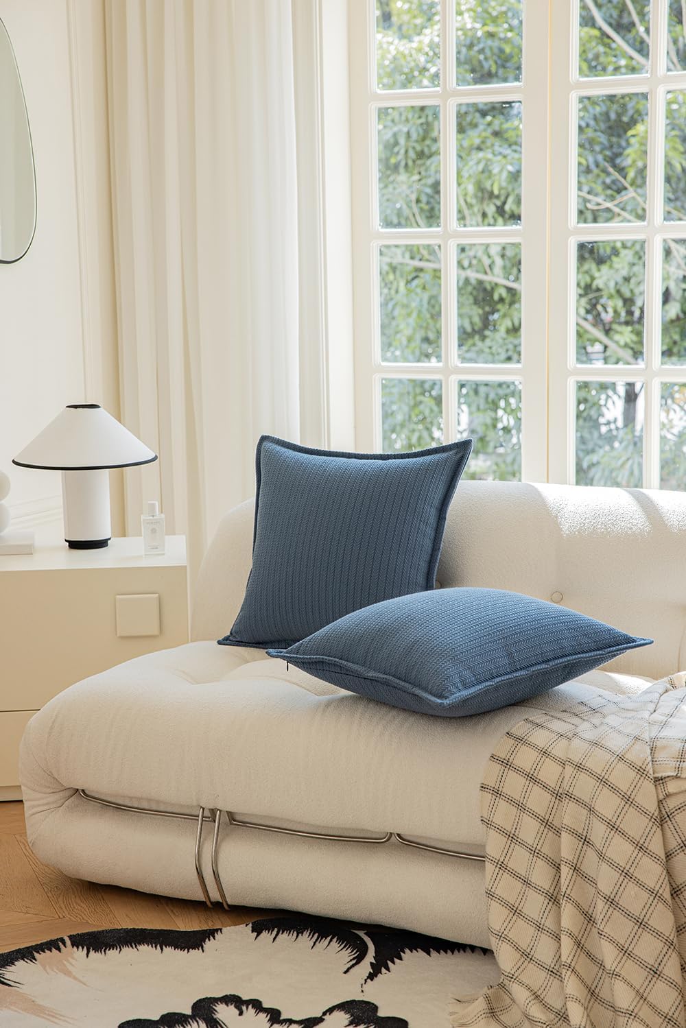 Set of 2 Herringbone Patterned Flange Throw Pillow Covers for Couch and Bed - 20"x20", Steel Blue