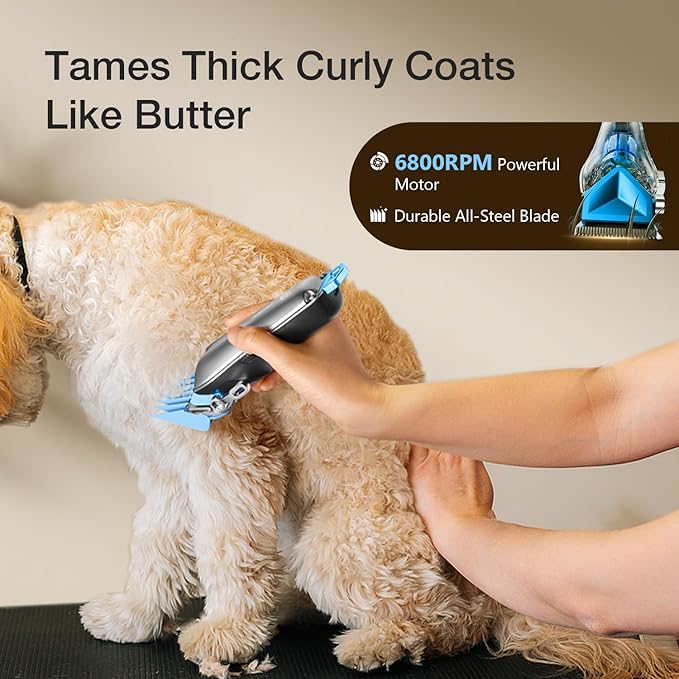 Dog Clippers for Grooming with Detachable Blade for Thick Coats, Cordless Rechargeable Low Noise Professional Pet Grooming Hair Trimmer Shaver Kit with 8 Guide Combs for Dogs Cats Animals