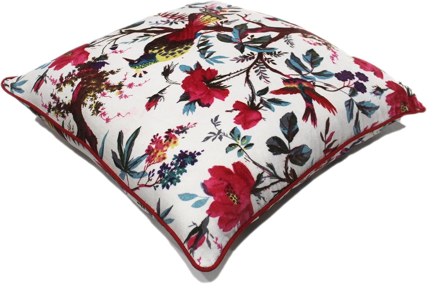 Eyes of India Velvet Floral Flower Bird Throw Pillow Sofa Cushion Cover Case Couch Colorful Boho Chic Bohemian Accent Indian Handmade (White, 24" x 24")