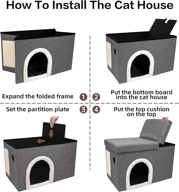 CAROLMADE Cat Beds for Indoor Cats, Collapsible Cat House with Storage Space & Scratch Pad Cat Cave for Small Pet Under 20 Lbs