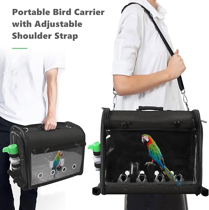 SUERTREE Bird Carrier Bag Bird Travel Cage with Stand, Lightweight Backpack for Parrot, Portable Bird Travel Bag, Pet Transparent Breathable Travel Cage, Black
