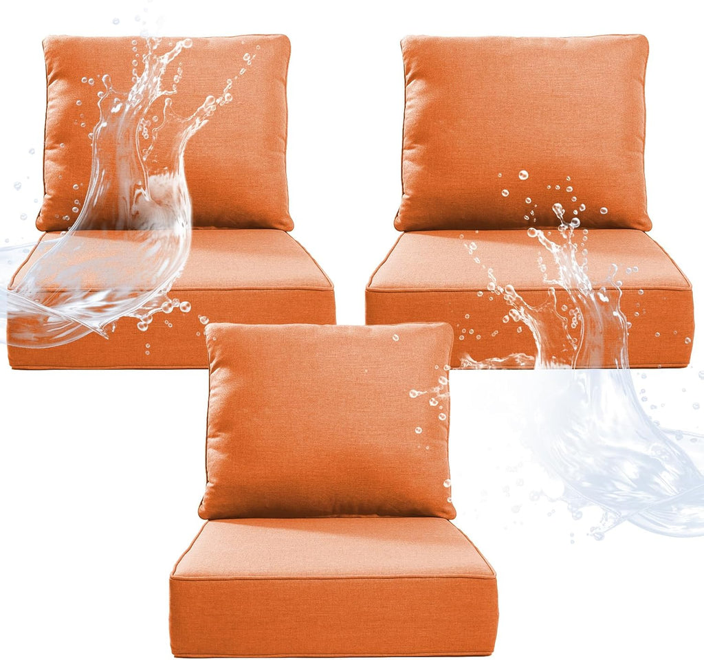 6" Thicker Outdoor Chair Cushion 3 Sets - 24" *24" *6" Waterproof Patio Furniture Cushions with Removable Cover, 28D High Density Sponge Filling Thicken Outdoor Patio Cushions - Orange