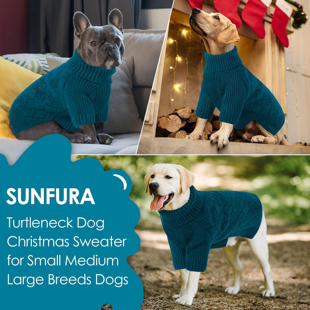 SUNFURA Dog Sweater, Medium Dog Sweaters Doggie Pullover for Fall Winter, Fleece Pet Christmas Sweaters for Holiday, Warm Turtleneck Knitwear for French Bulldog, Boston Terrier, Blue M