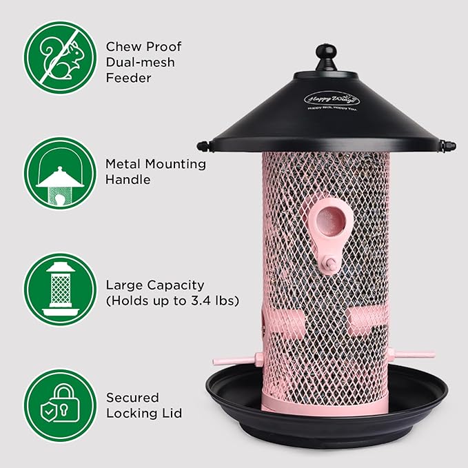 Hanging Metal Mesh Tube Bird Feeder for Wild Birds- Pink I 4 Metal Perches I Durable & Heavy -Duty I Weatherproof, Completely Removable Finch Bird Feeder for Balcony - 2 Lb Capacity