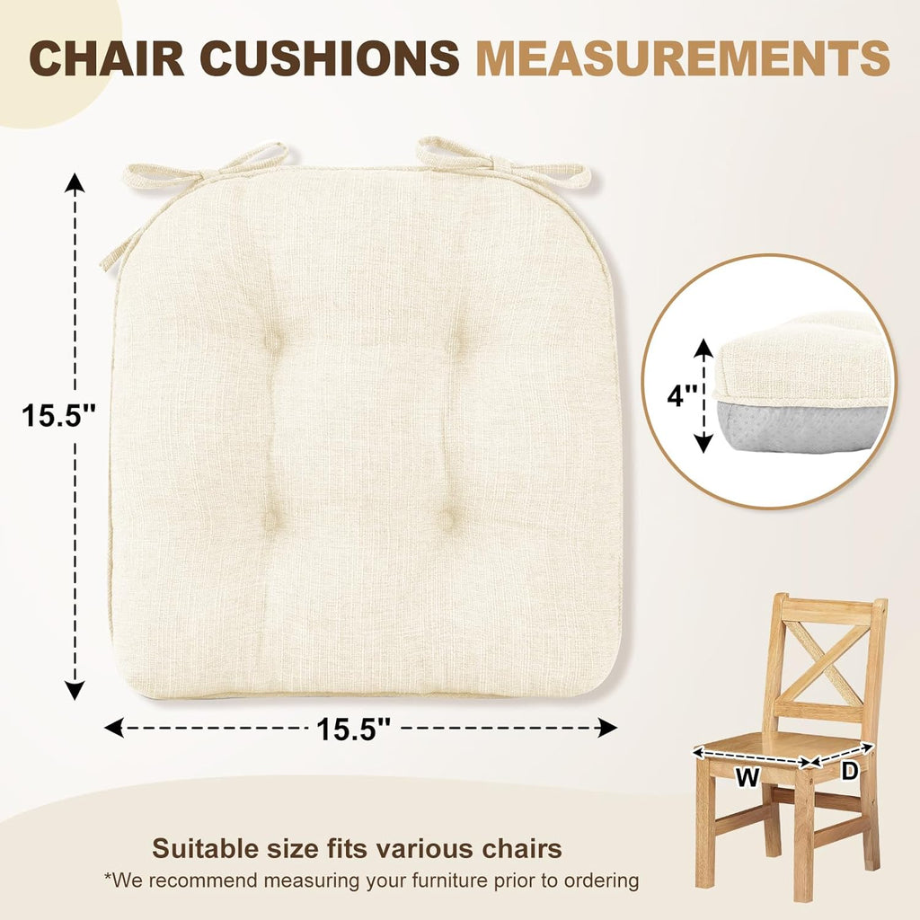 downluxe Indoor Chair Cushions for Dining Chairs, Tufted Overstuffed Textured Foam Kitchen Chair Pads with Ties and Non-Slip Backing, 15.5" x 15.5" x 4", Beige, 4 Pack