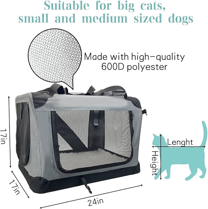 Fhiny Large Cat Carrier for 2 Cats, 24"x17"x17" Soft Dog Crate Collapsible Portable Travel Pet Carrier Bag Durable Breathable Foldable Kitten Carrier Bag for Puppy Cats Under 45 Lbs Grey