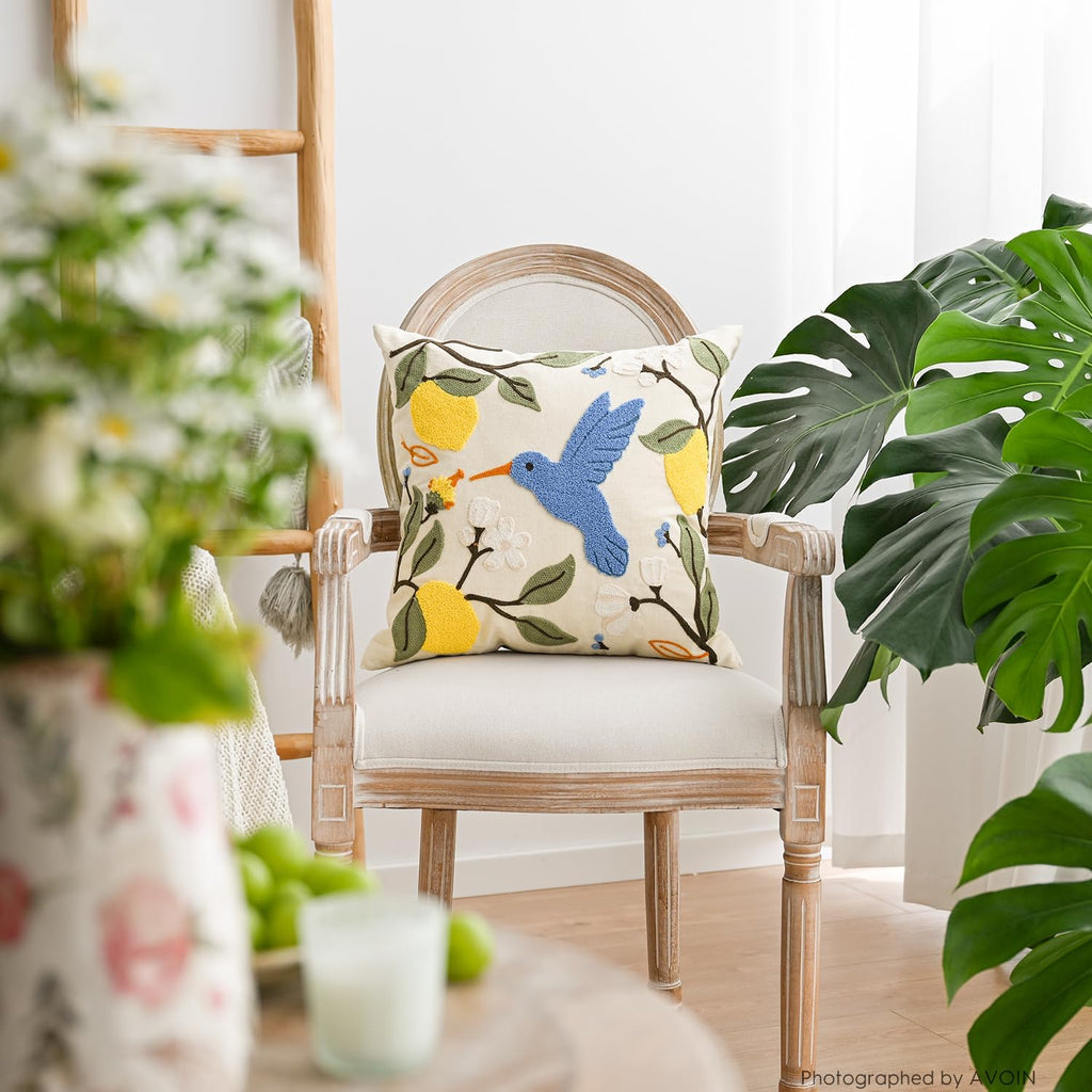 AVOIN colorlife Holiday Floral Embroidered Decorative Throw Pillow Cover, 18 x 18 Inch Bird Lemon Flowers Tufted Patterned Linen Cushion Case for Bedroom Living Room Sofa Couch
