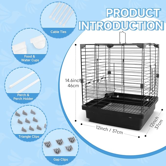 Small Bird Cage for Parakeets, Budgies & Canaries and More Small Birds - Lightweight Travel Birdcage & Bird Carrier with Handle, Stand, Removable Tray, Portable for Hanging, Outdoor Use, Black
