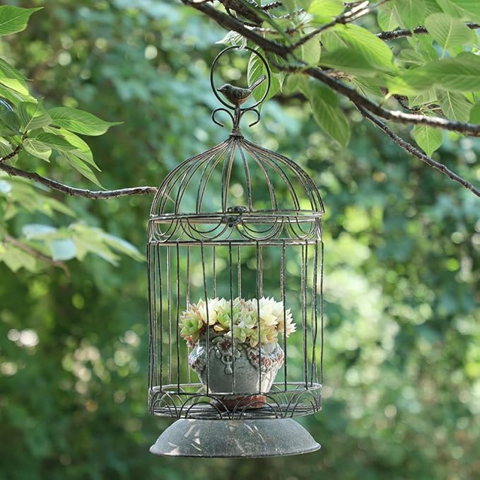 Rustic Vintage Birdcage Planter Holder Farmhouse Distressed Decorative Metal Round Plants Stand with Latch Lock Closure and Hanging Hook for Table Garden Patio Home Indoor Outdoor Centerpiece Decor