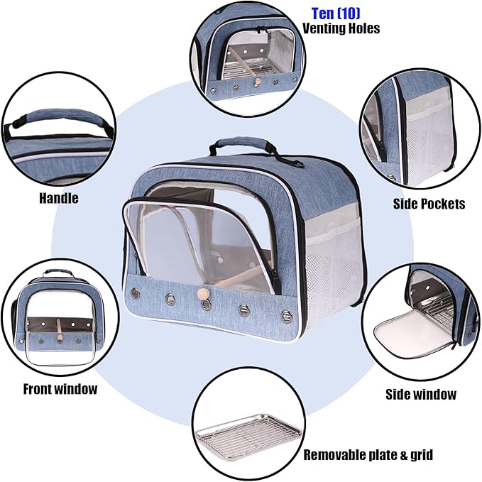 halinfer Bird Travel Carrier Cage for Large Size Parrot, Portable Bag with Metal Tray and Grid to Carry and Transport Medium and Large Birds Like African Grey, Long Tail Cockatiel and Parrot