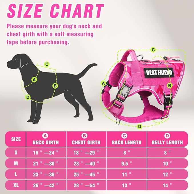 Tactical Dog Harness for Large Dogs,No Pull Military Dog Vest with Easy Control Handle&Molle,Reflective Heavy Duty Pet Harness for K9 Working Hiking Training Daily Walking Camo Pink XL