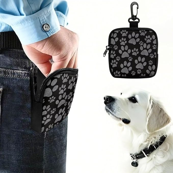 KEIAHUAN Paw Print Small Black Treat Pouch for Dog Training Hands-Free Training Dog Treat Pouch Portable Puppy Snack Bag for Treat for Walking Hiking Traveling, Zipper Closure, Black