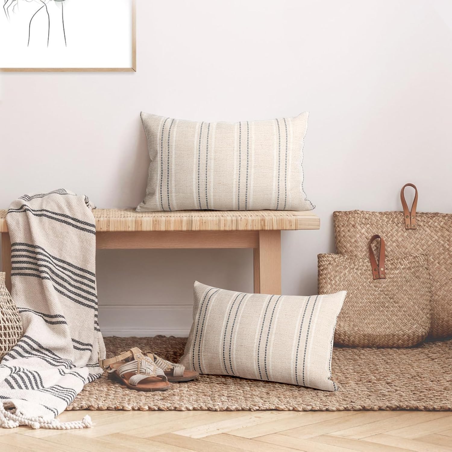 AELS 12x20 Decorative Farmhouse Linen Throw Pillow Covers, Boho Textured Pillow Case, Set of 2, Beige with White & Gray Stripes Cushion Cover for Sofa Couch Living Room (Cover ONLY)