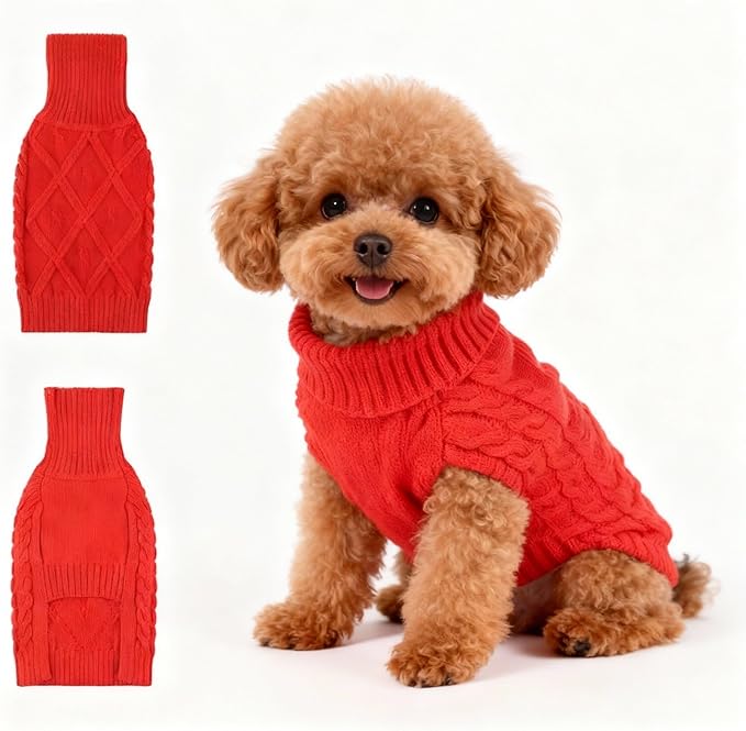 Small/Medium Dog Sweater, Warm Comfy Stretch Dog Winter Coat w/Sleeves & High Neck, Premium Dog Clothes for Schnauzer-Best for Holidays, Daily Walks M Red