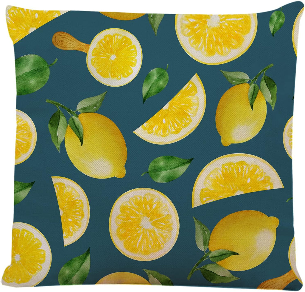 Decorative Square Throw Pillow Covers Lemons Mint Leafs Dark Blue Couch Sofa Bed Pillow Covers Cushion Cases 18x18 inch