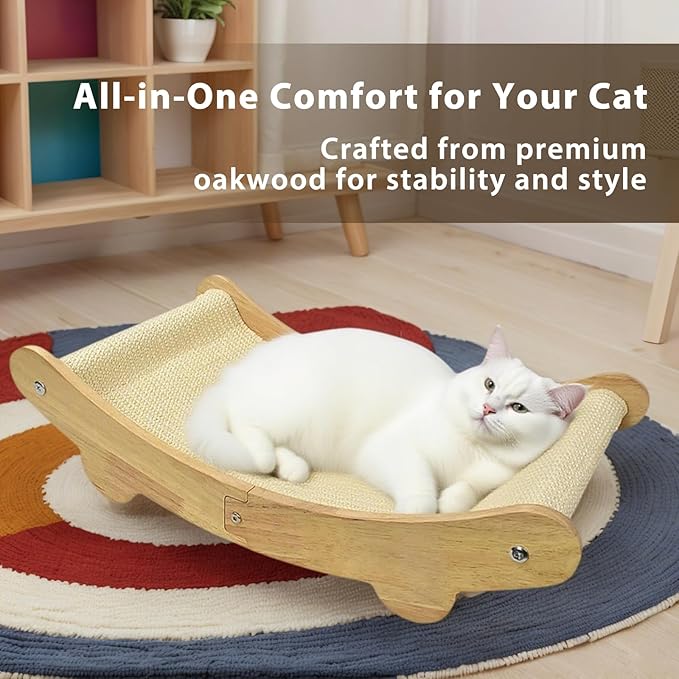 2-in-1 Natural Sisal Cat Scratcher Bed for Indoor Cats – Large Wooden Hammock Lounge Furniture with Solid Oak Frame, Easy Assembly for Large Cats Resting & Scratching