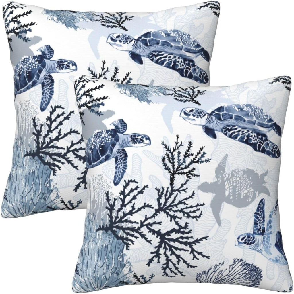 Nautical Blue Pillow Covers 18x18 Inch Coastal Beach Themed Coral Sea Turtle Navy Throw Pillow Cases Cushion Cover Set of 2 for Couch Sofa Living Room Car Decor