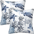 Nautical Blue Pillow Covers 18x18 Inch Coastal Beach Themed Coral Sea Turtle Navy Throw Pillow Cases Cushion Cover Set of 2 for Couch Sofa Living Room Car Decor