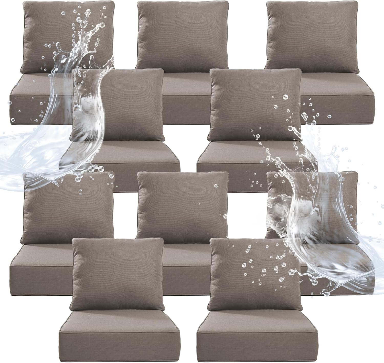 6" Thicker Outdoor Chair Cushion 10 Sets - 24" *24" *6" Waterproof Patio Furniture Cushions with Removable Cover, 28D High Density Sponge Filling Thicken Outdoor Patio Cushions - Grey