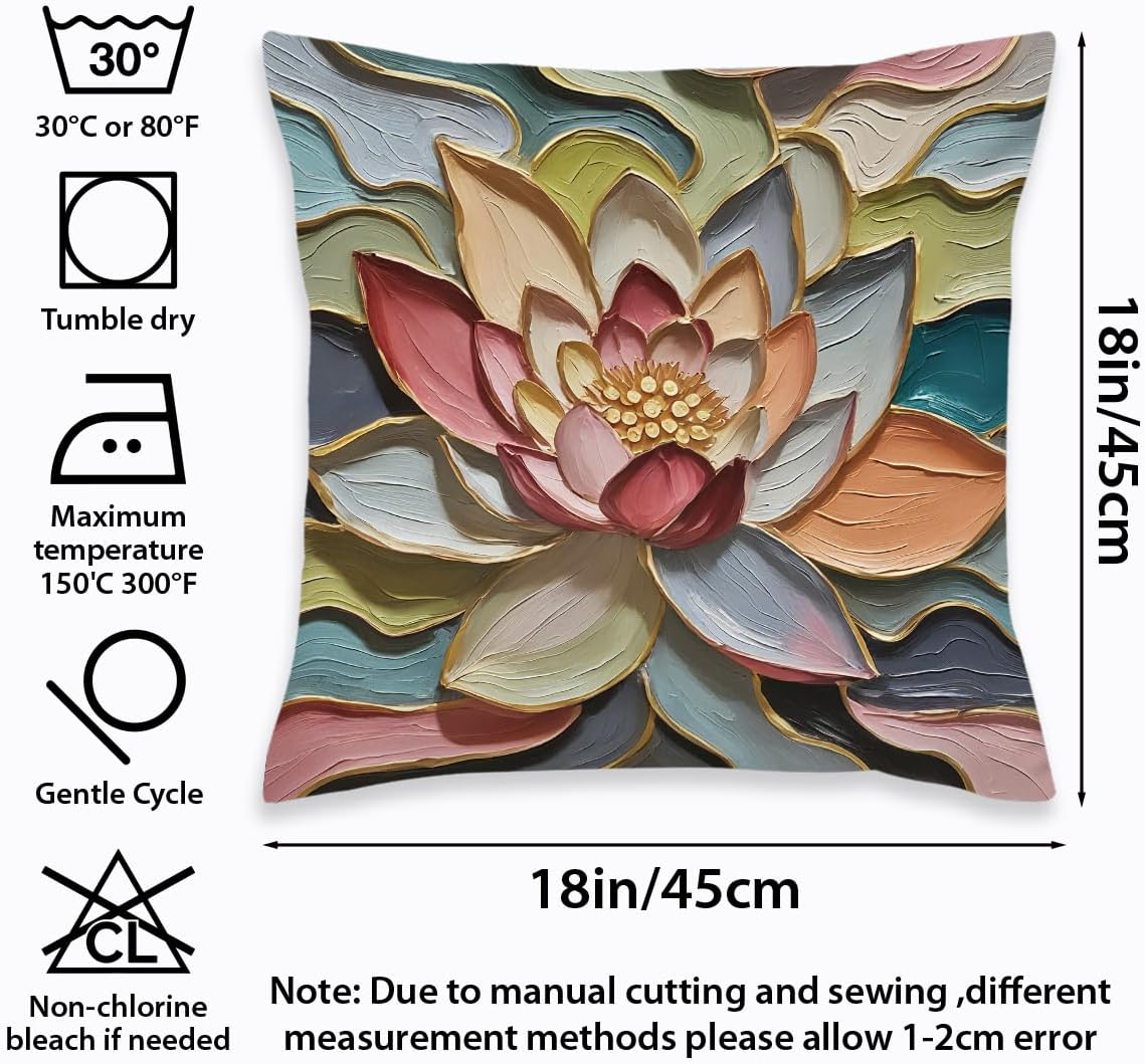 2 Pcs Oil Painting Lotus Floral Art Throw Pillow Covers, Lotus Oil Painting Art Retro Decorative Square Pillow Cases for Couch Sofa Bed Bedroom Apartment Dorm Living Room Office Home Decor