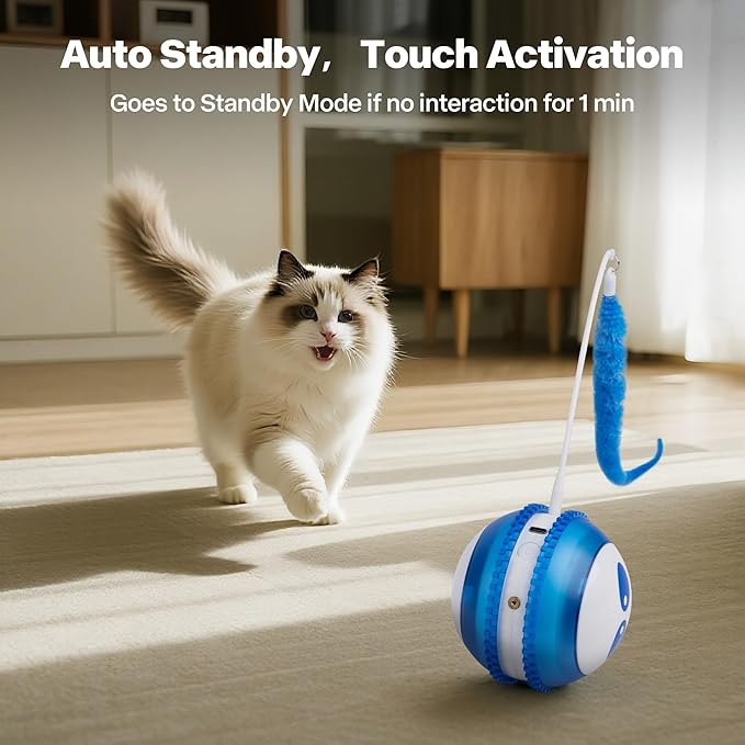 Pet Prime Interactive Cat Toy Motion Activated Cat Laser Toy Automatic Self Moving Ball with Bird Chirping,Rechargeable Exercise Stimulation Toys for Bored Blue