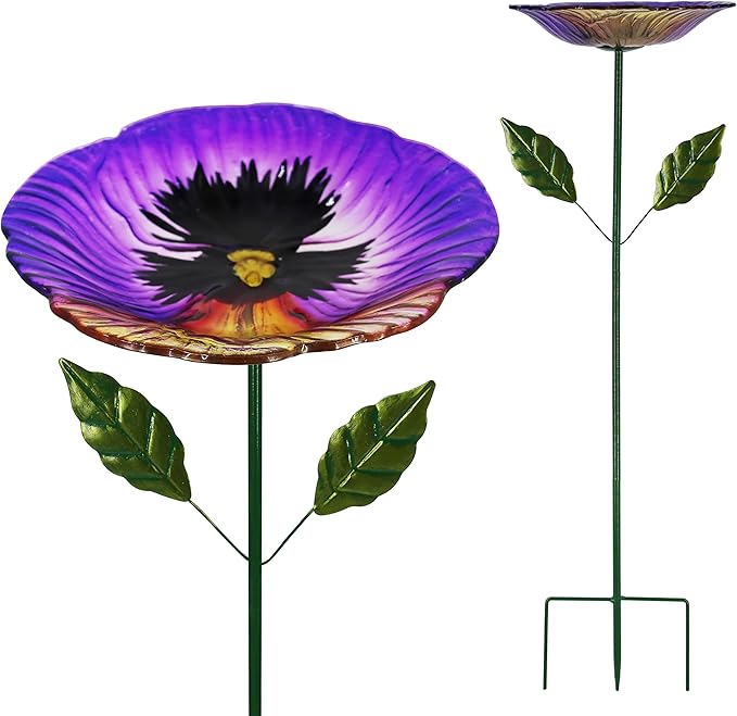 Glass Bird Baths for Outdoor, Garden Birdbath Bird Feeders Hydrangea Decor Birdfeeder with Metal Stake for Garden, Yard, Lawn, Courtyard